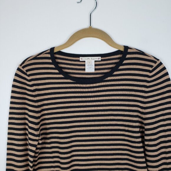 Nanette Lepore Merino Wool Sweater Black Tan Stripes Ruffle Cuffs Size Small - Picture 4 of 6